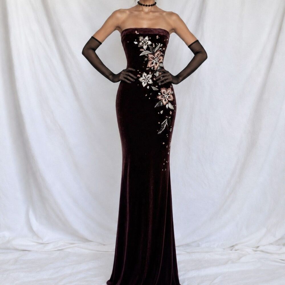 Vintage Brown Velvet Strapless Floral Beaded Sequin Maxi Bodycon Dress Size M